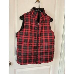 Merona Reversible Puffer Vest Womens Medium Black Plaid Jacket Fall Layering M
